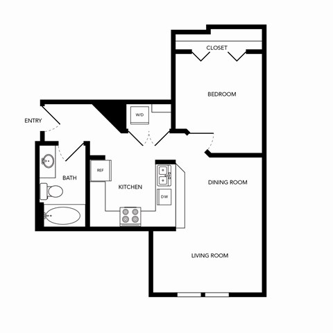 Floor plan for 1 bed, 1 bath, 526 sqft
